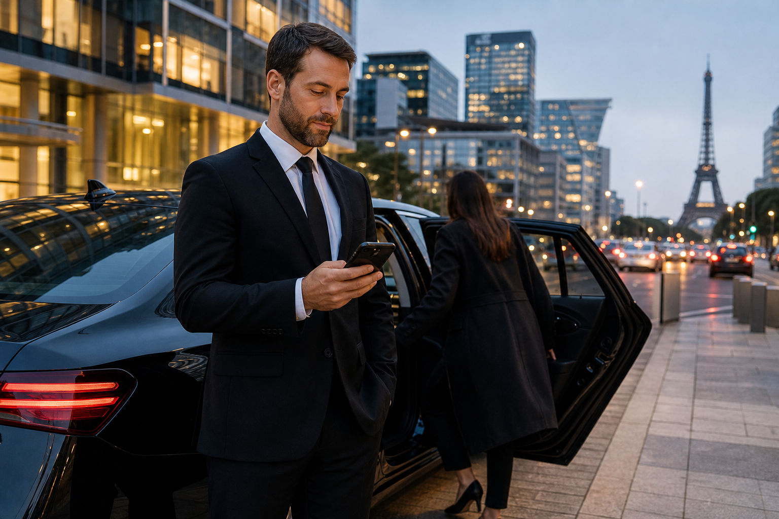Chauffeur VTC et passagère dans un quartier d'affaires parisien